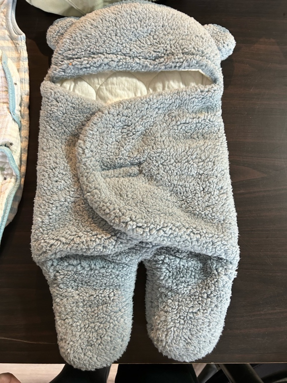 Newborn Baby Sleep Swaddle Fleece Gray Bear Ears Cozy Warm Sleep Sack